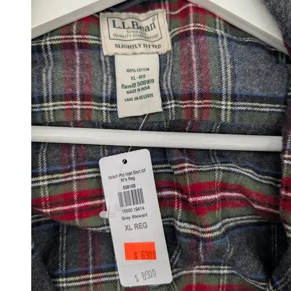 NWT LL Bean Men's XL Hooded Flannel Grey Stewart Outdoors Hiking Camping Fishing - Picture 2 of 7